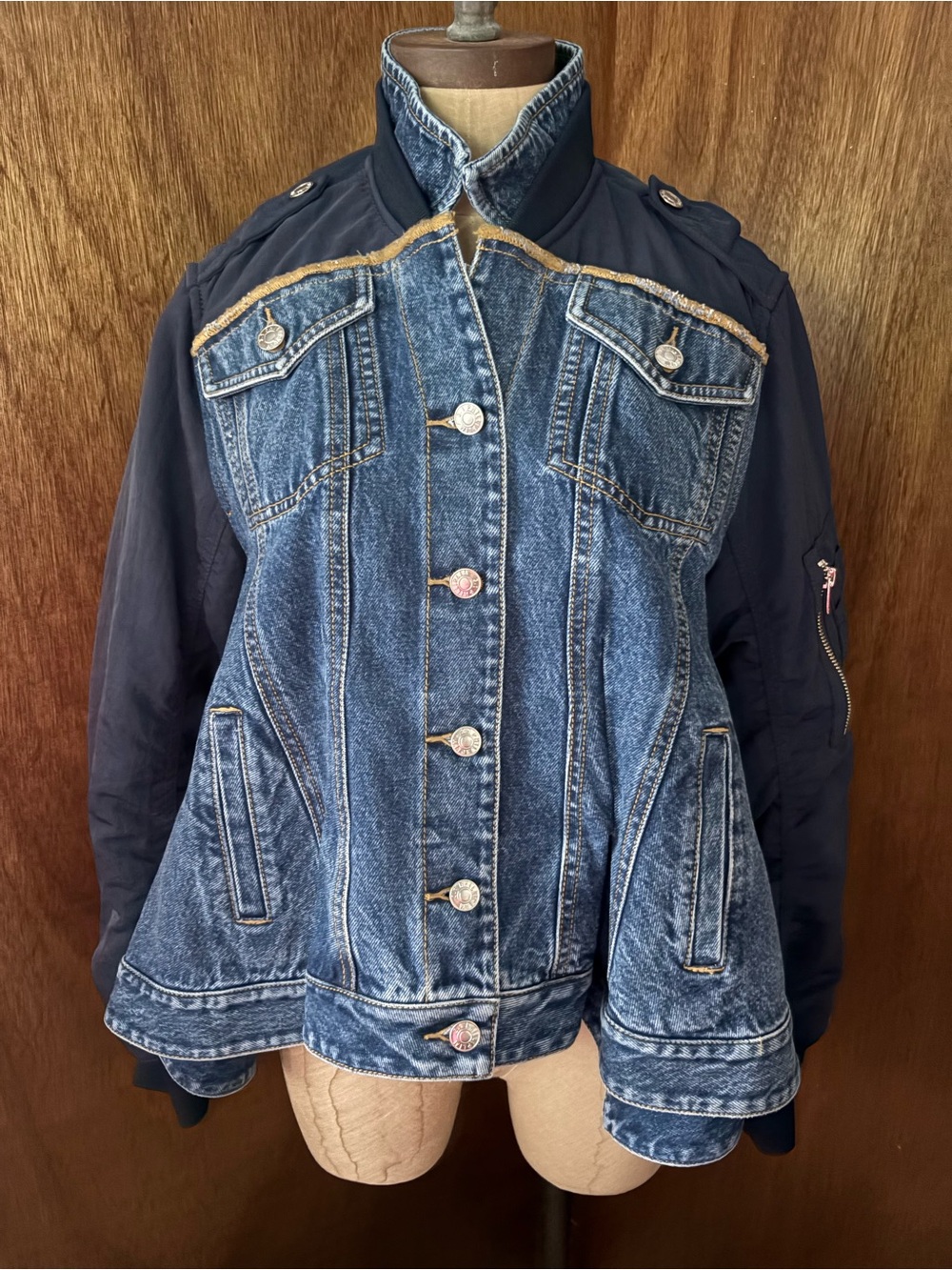 NEW 3.1 PHILLIP LIM sz S Hybrid Blue Denim Flight Jacket w/ Flounce Hem